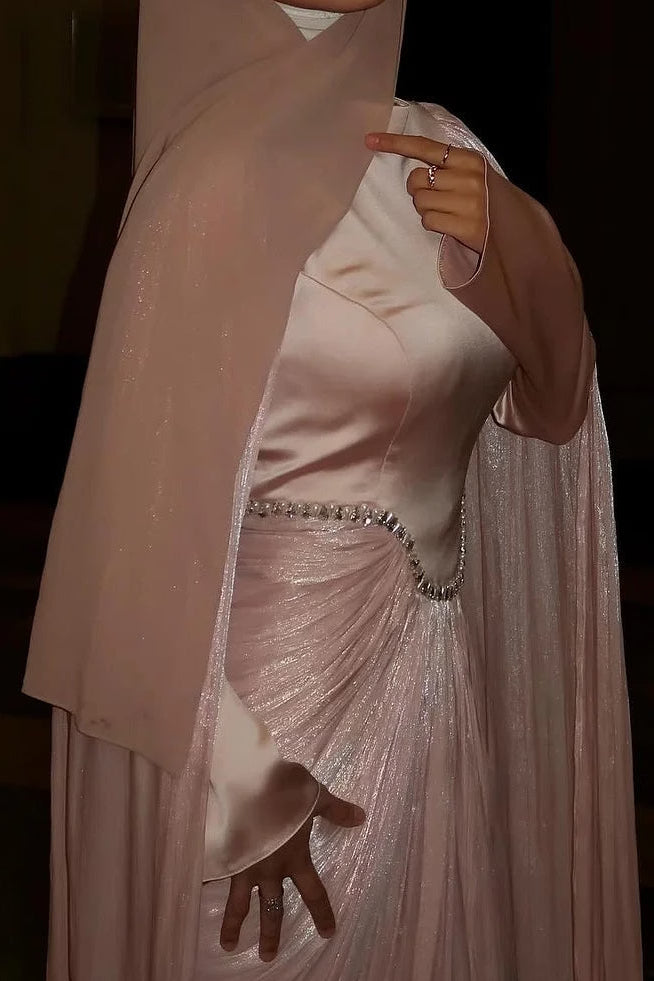 High Neck Cape Sleeve Gown with Crystal Waist