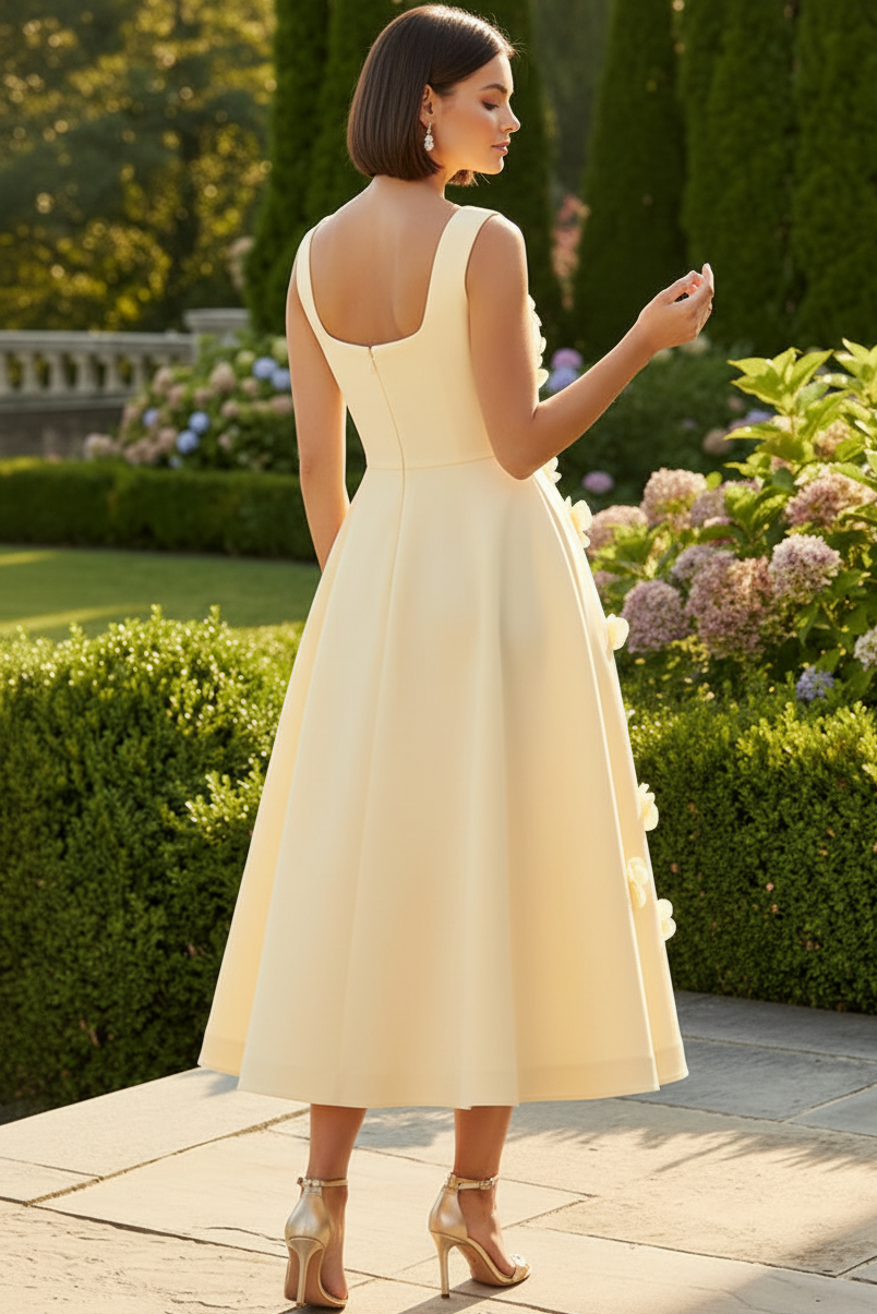 Floral Appliqué Square Neck Midi Dress