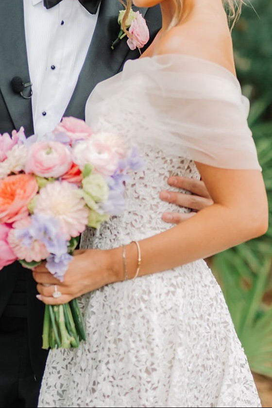 Patterned Lace A-Line Wedding Dress with Tulle Wrap