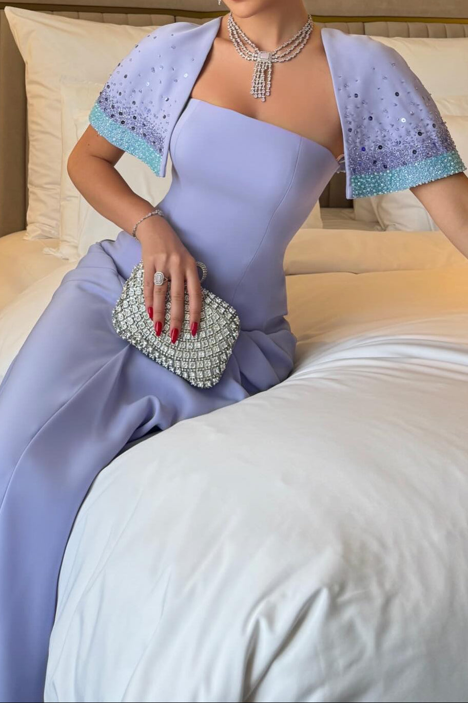 Strapless Column Evening Gown with Beaded Capelet