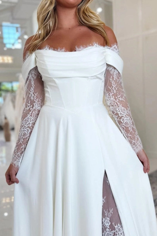 Off Shoulder Lace Sleeve A-Line Wedding Dress