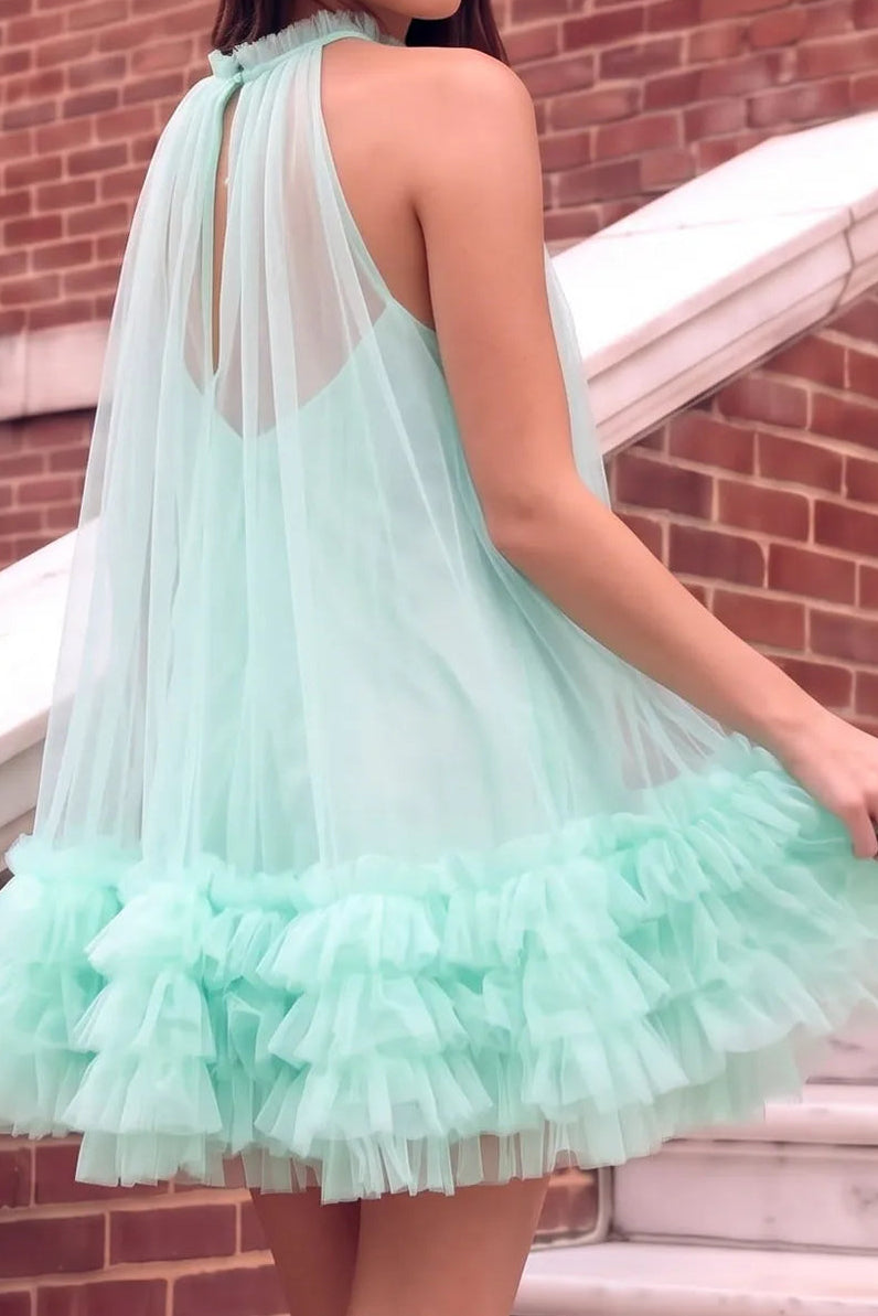 High Neck Tulle Mini Dress with Ruffled Hem