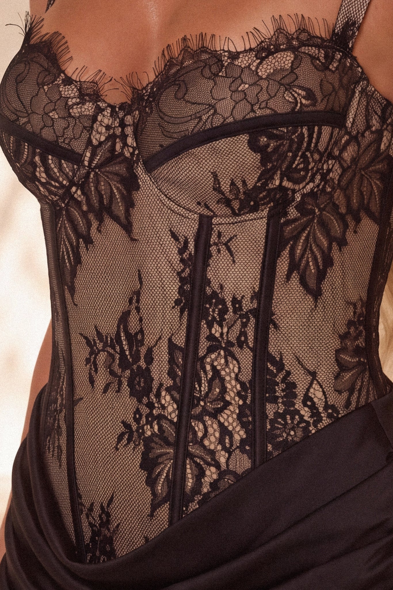 Lace Corset Mini Dress with Ruched Satin Skirt