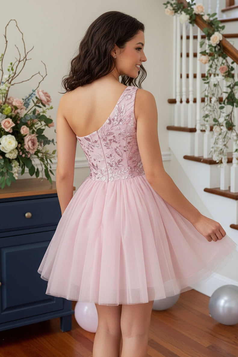 One-Shoulder Beaded Sequin Tulle Mini Dress