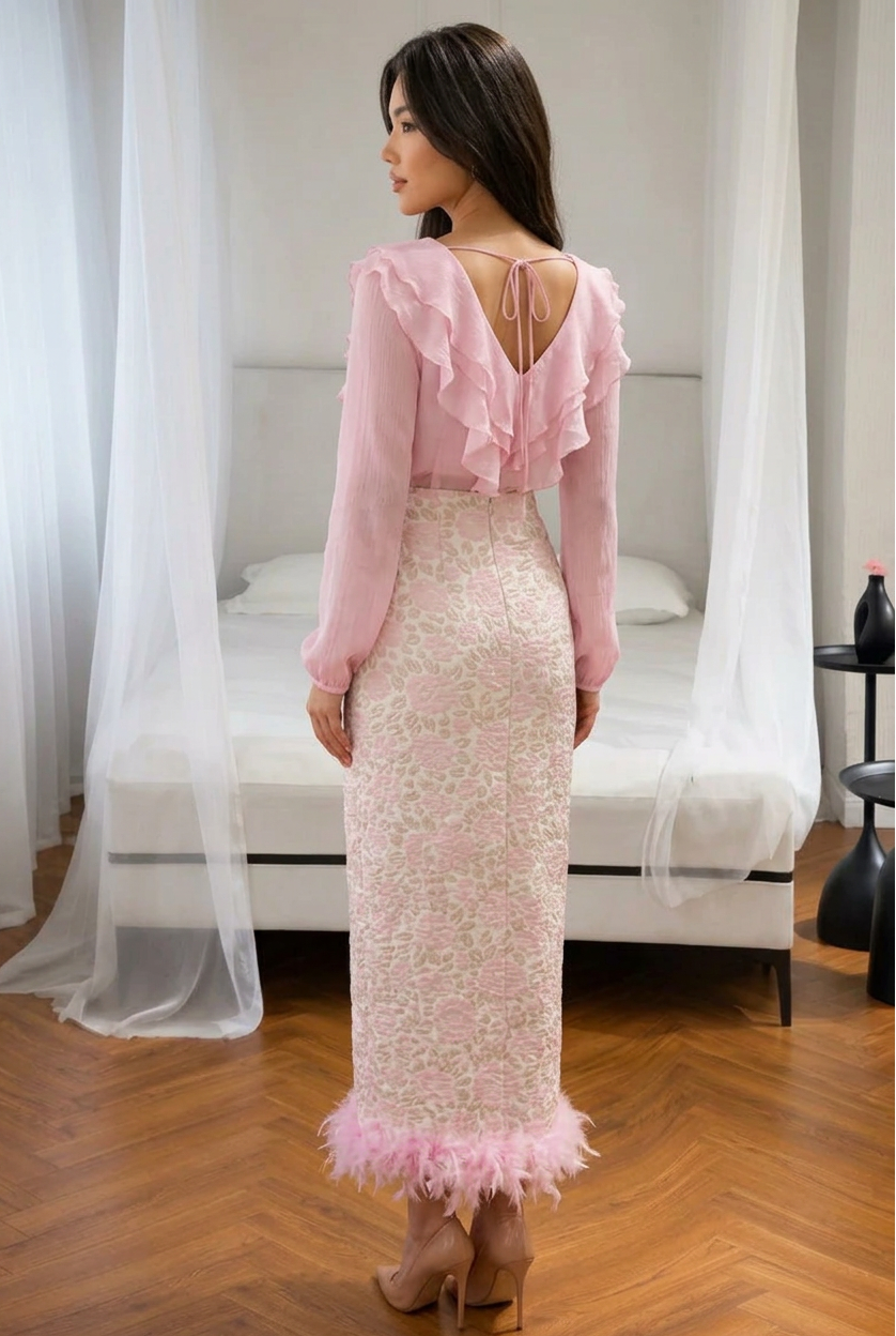 Ruffled Blouse and Feather-Trim Column Maxi Skirt Set