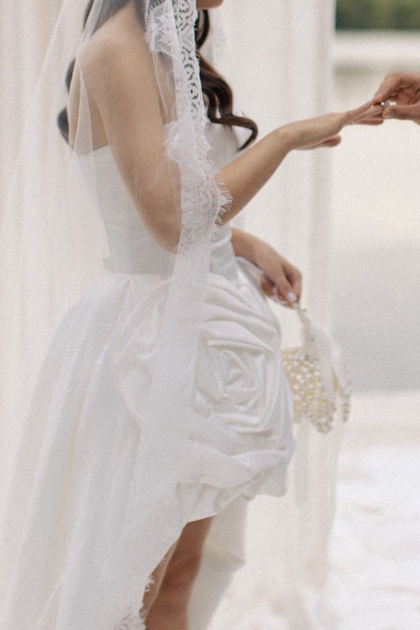 Strapless High-Low Floral Rosette Wedding Dress