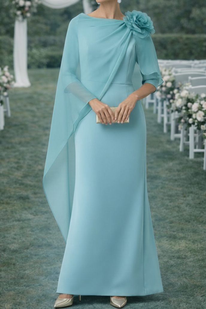 Floral Accent Cape Overlay Floor-Length Gown