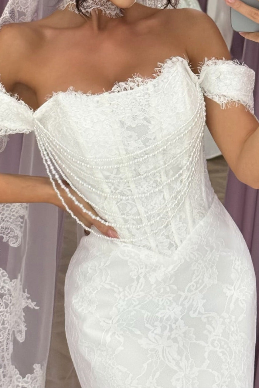 Off-Shoulder Lace Mermaid Wedding Gown with Pearl Corset