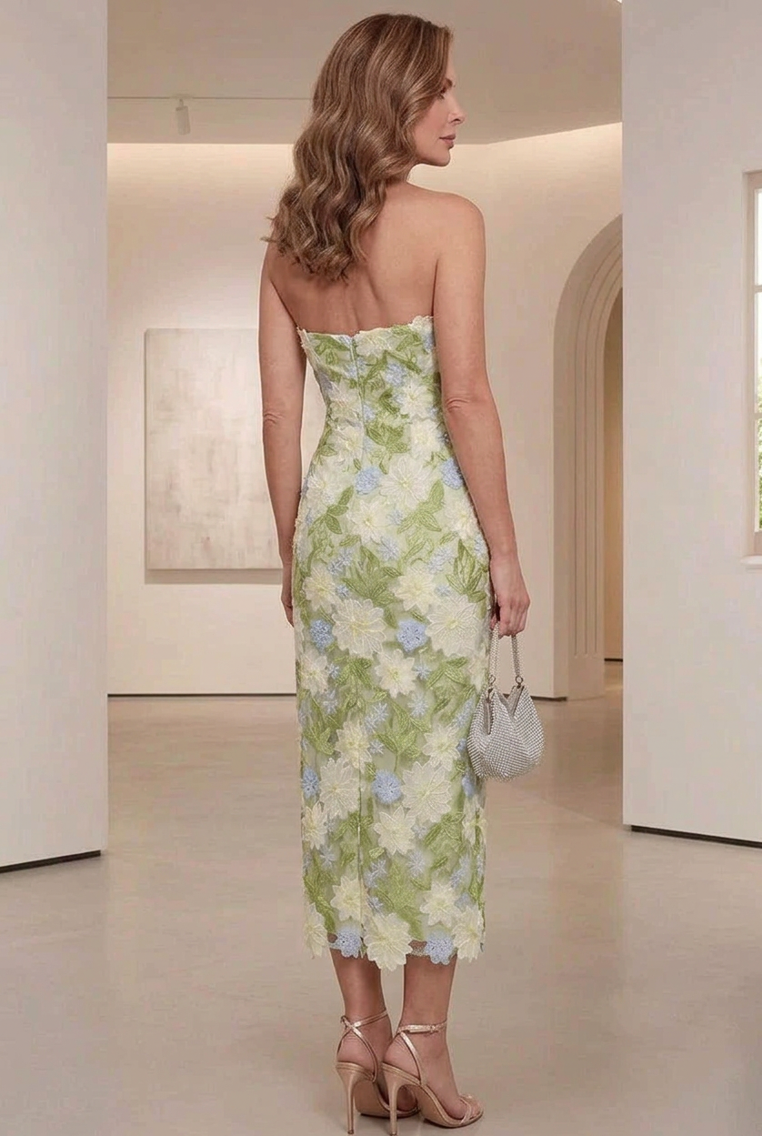 Strapless Floral Lace Midi Sheath Dress