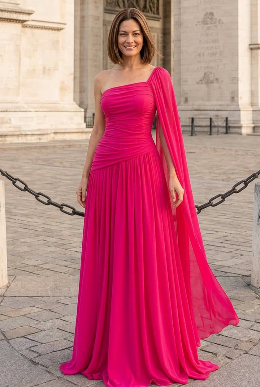 One-Shoulder Ruched Gown with Cape Drape