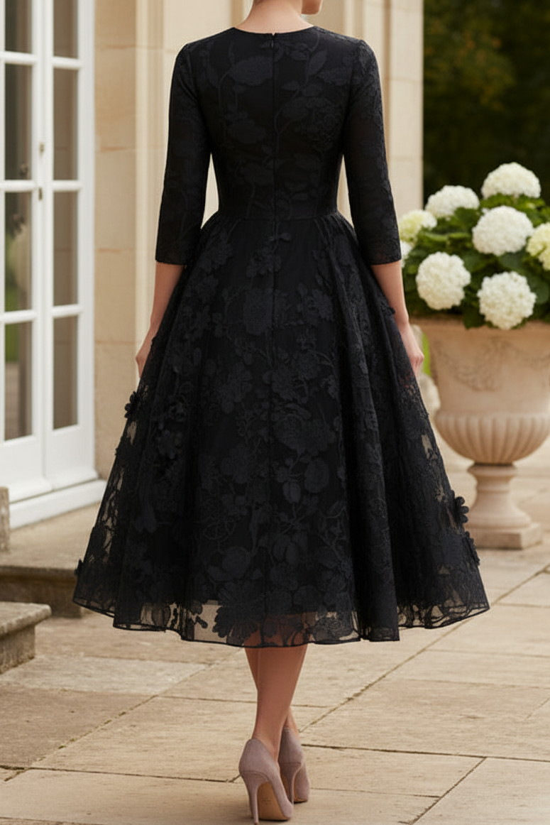 Floral Jacquard Fit and Flare Midi Dress 3/4 Sleeve