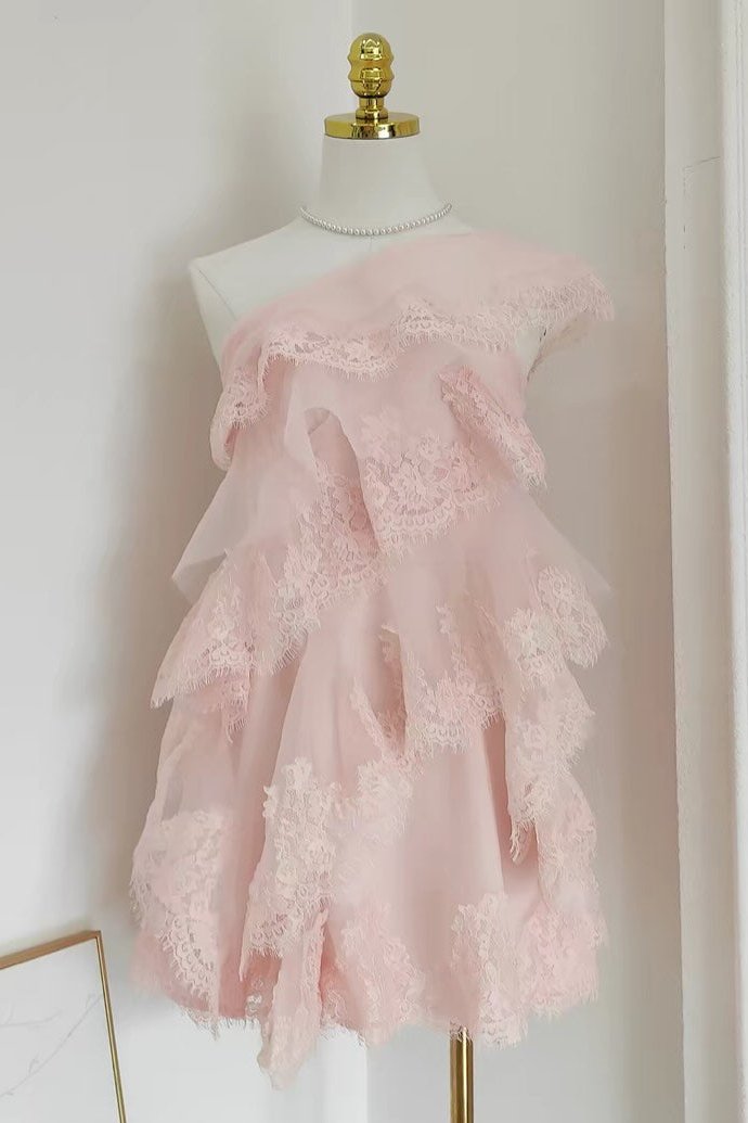 One-Shoulder Lace-Trimmed Tiered Mini Dress