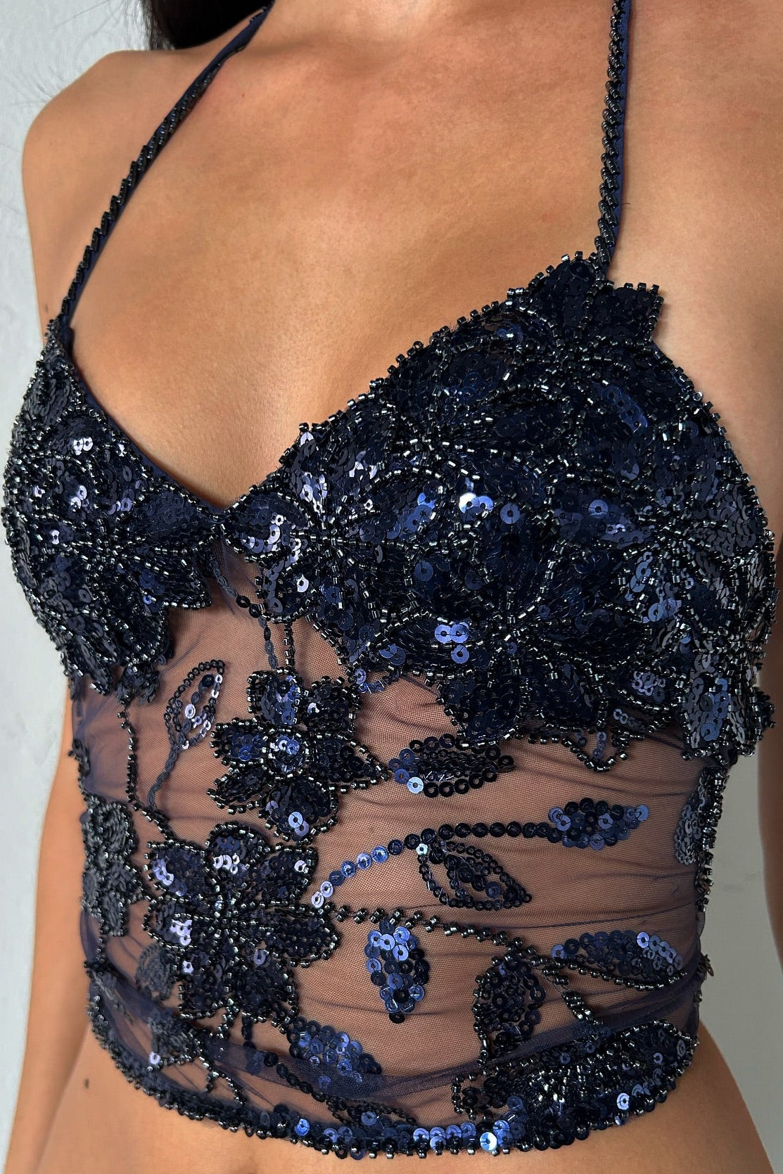 Sequin Beaded Halter Top and Fringe Mini Skirt Set