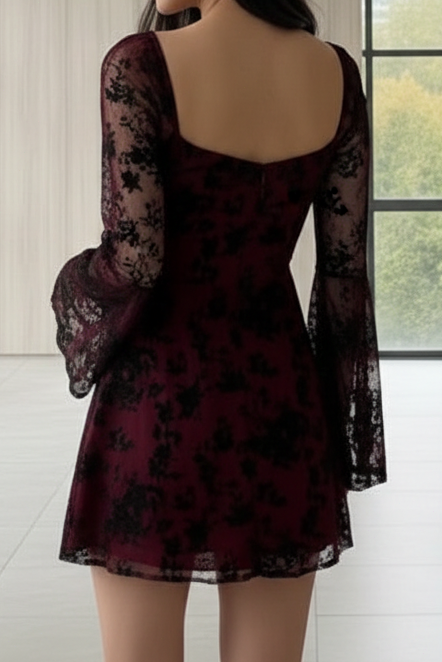 Floral Lace Sweetheart Mini Dress with Bell Sleeves