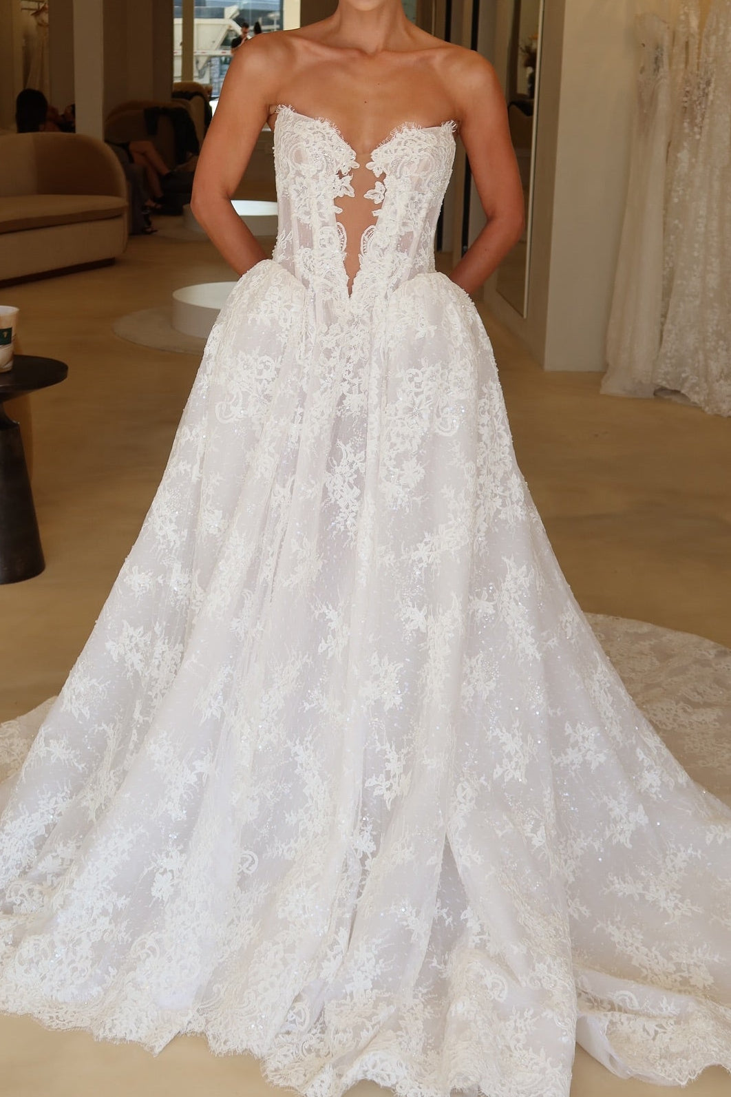 Strapless Plunging Corset Lace Ball Gown Wedding Dress