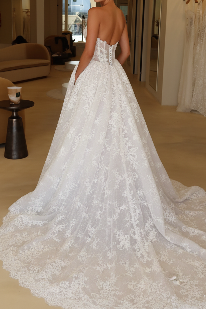 Strapless Plunging Corset Lace Ball Gown Wedding Dress