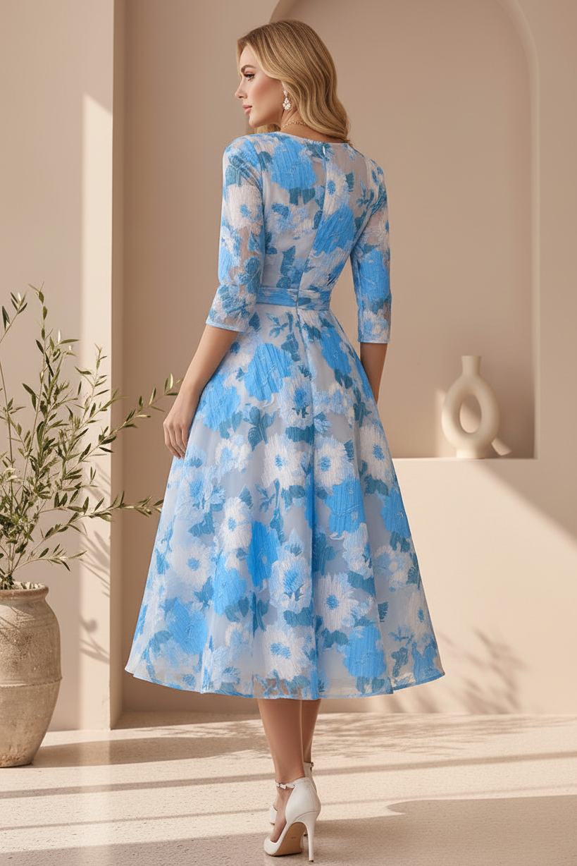 Surplice Floral Organza Tea-Length Dress
