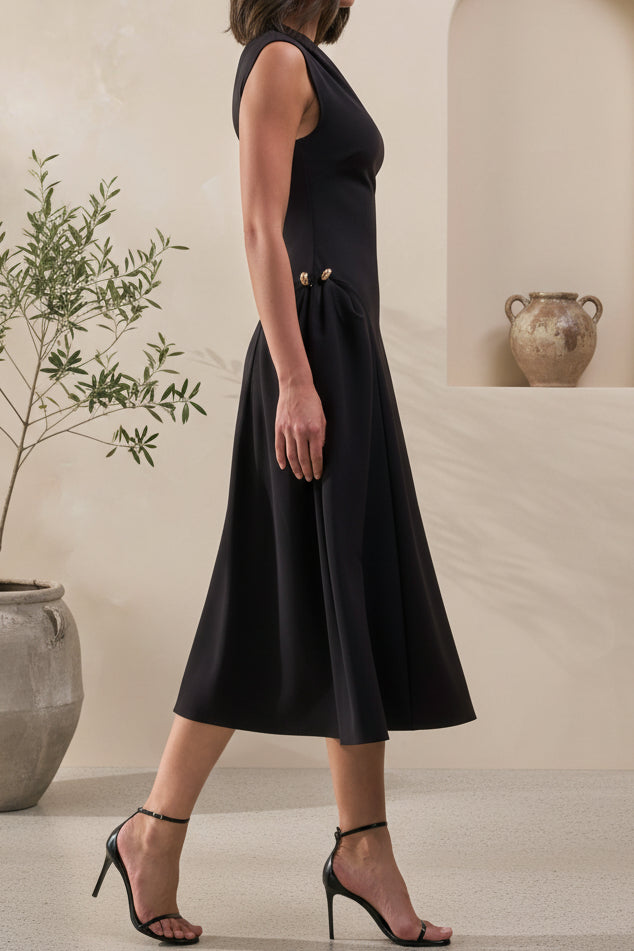 One-Shoulder A-Line Midi Dress with Pockets