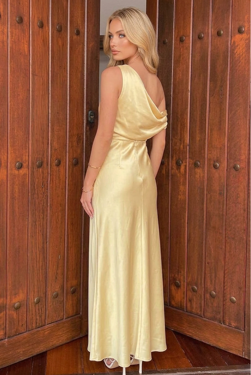 One-Shoulder Satin Maxi Dress with Draped Bodice