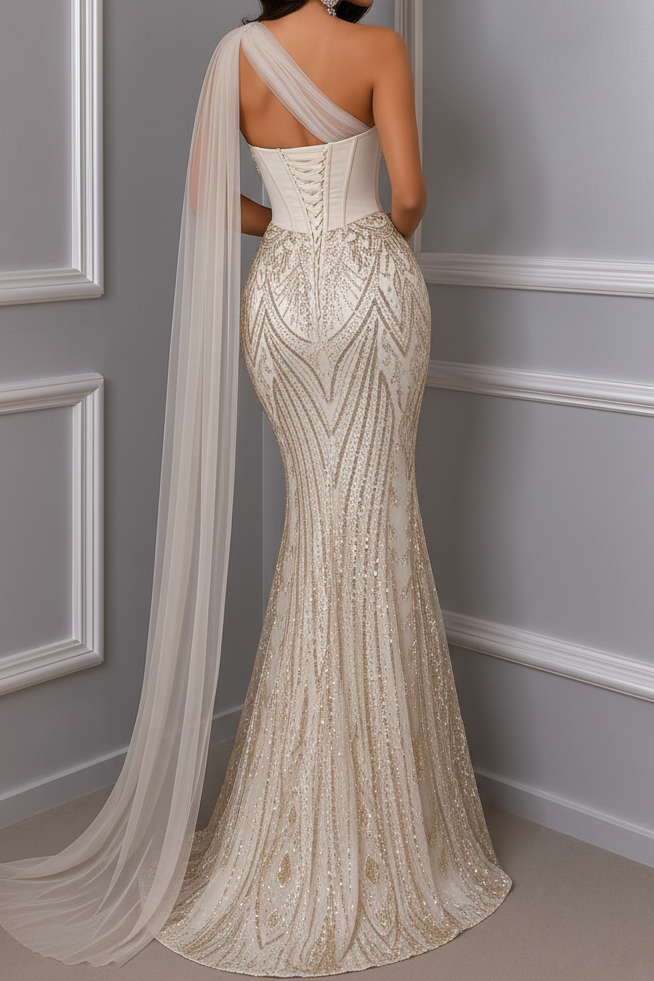 One-Shoulder Cape Sequin Mermaid Gown