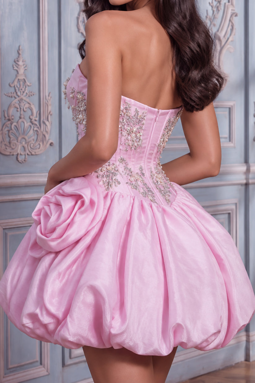 Beaded Corset Bubble Hem Mini Dress with Rosette