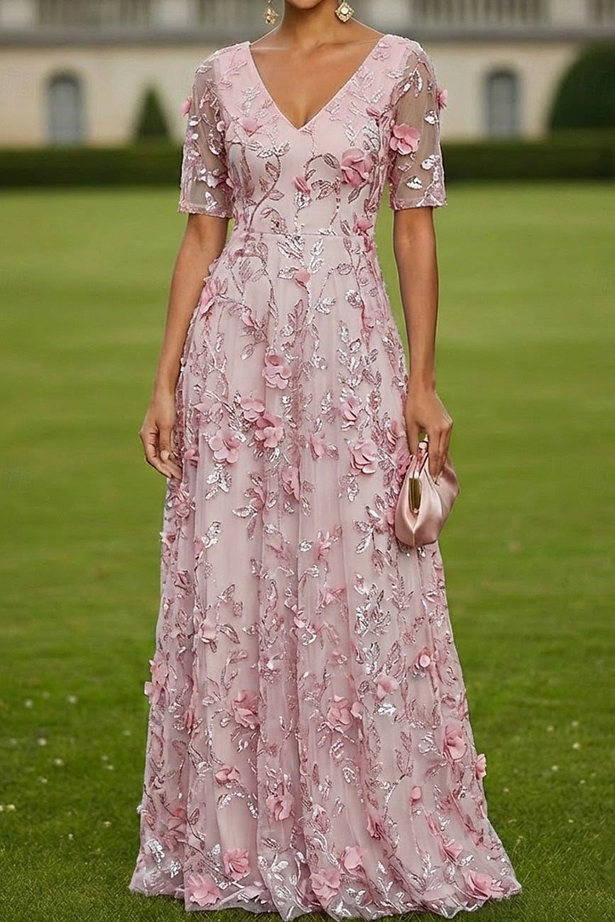 A-Line V-Neck Short Sleeve Floral Evening Dress