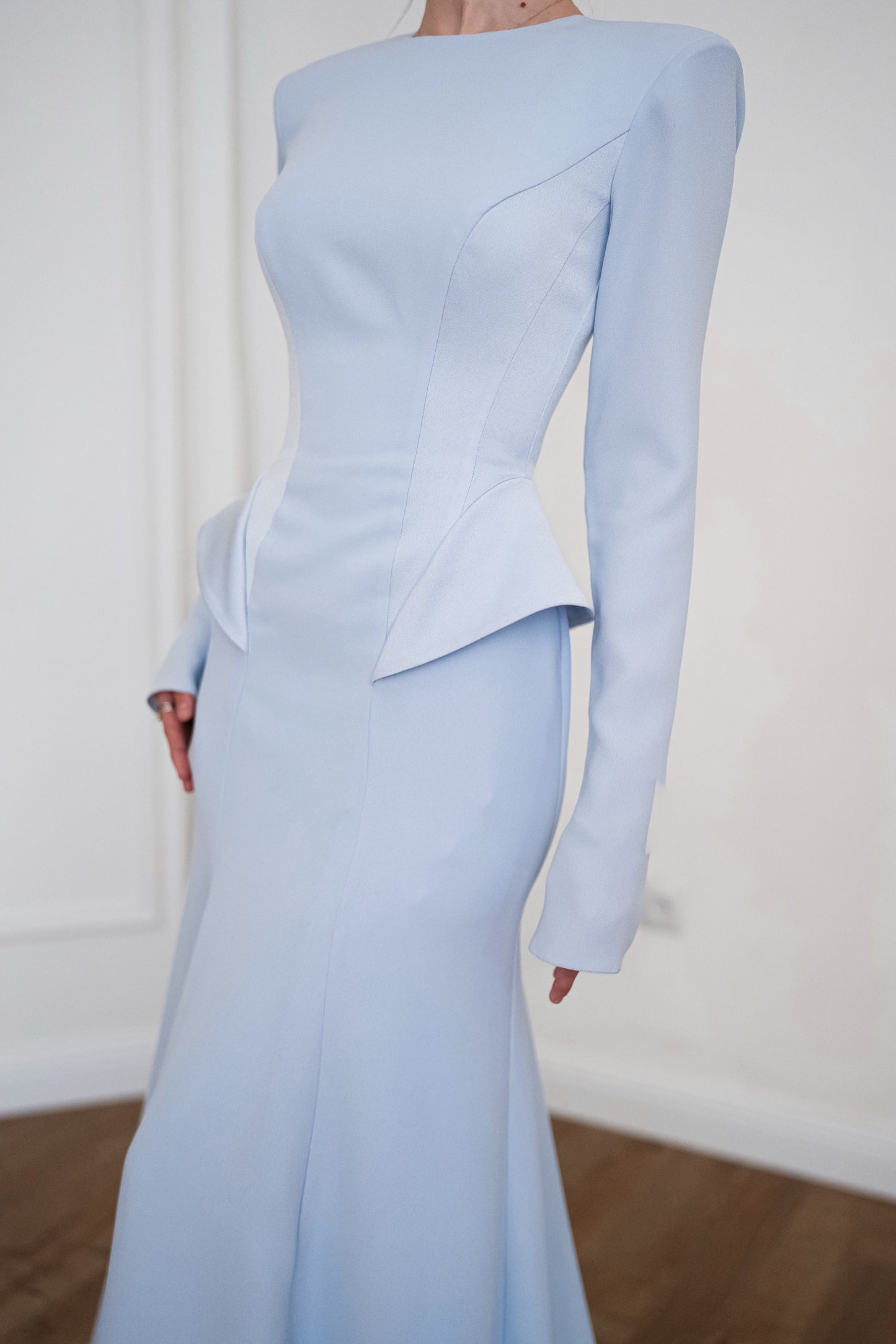 Long Sleeve Crepe Mermaid Gown with Peplum Detail