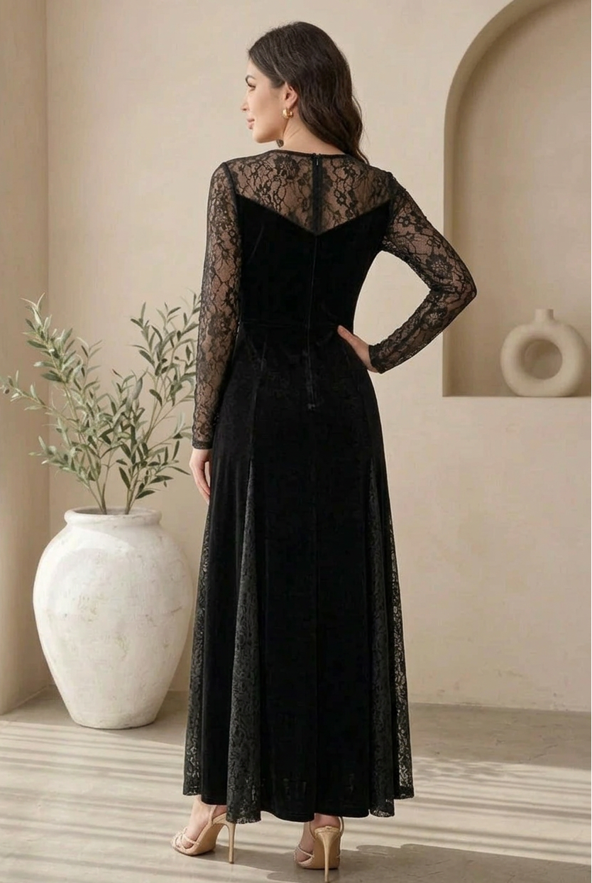 Velvet Maxi Dress with Lace Sleeves and Cut-Out