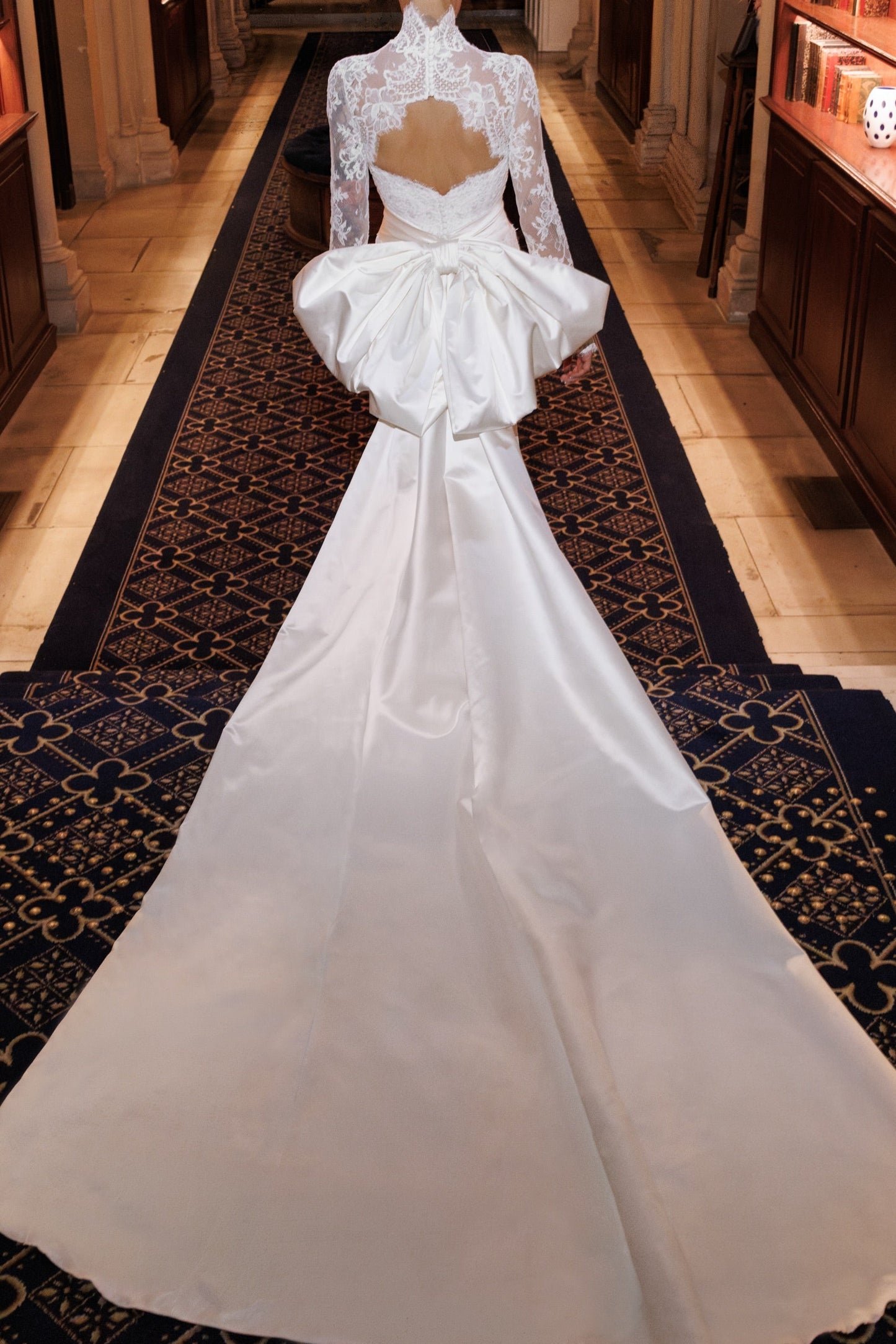 Lace High Neck Wedding Dress with Satin Bow Train