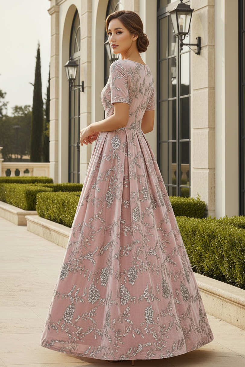 Short-Sleeve Sequin Velvet A-Line Evening Gown