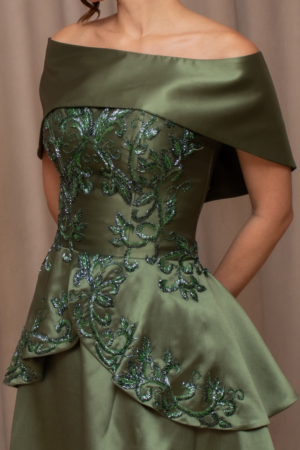 Embroidered Peplum Evening Gown with Shawl