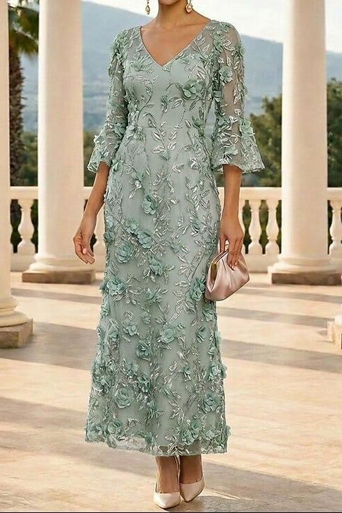 V-Neck Embroidered Lace Sheath Dress with Bell Sleeves