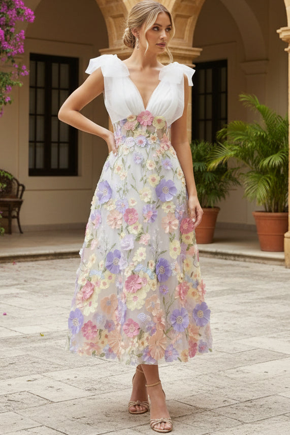 A-Line 3D Floral Applique Tulle Midi Dress