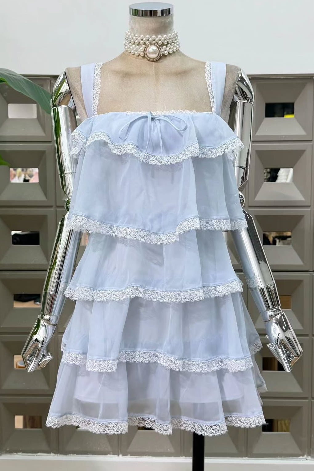 Lace-Trimmed Tiered Ruffle Mini Dress