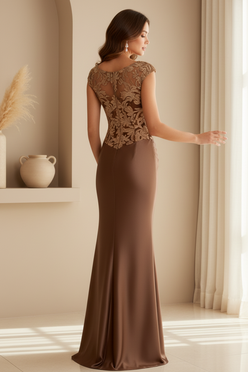 Embroidered Lace Bodice Ruched Satin Gown