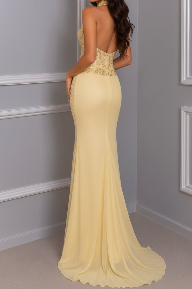 Halter Keyhole Bodice Embroidered Ruched Gown