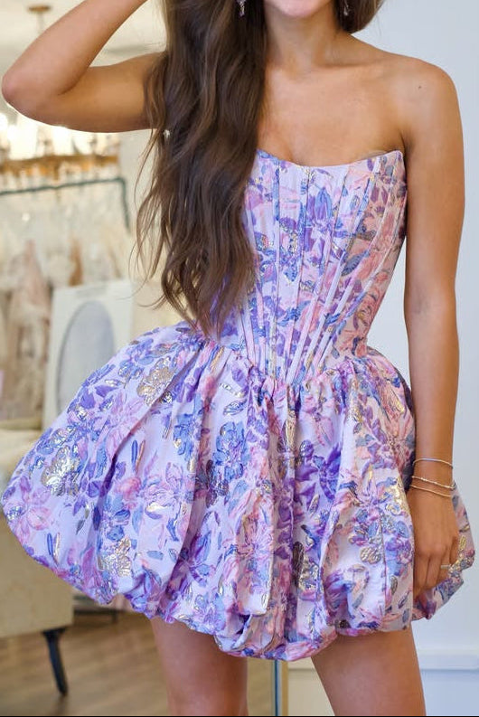 Floral Jacquard Strapless Corset Bubble Mini Dress