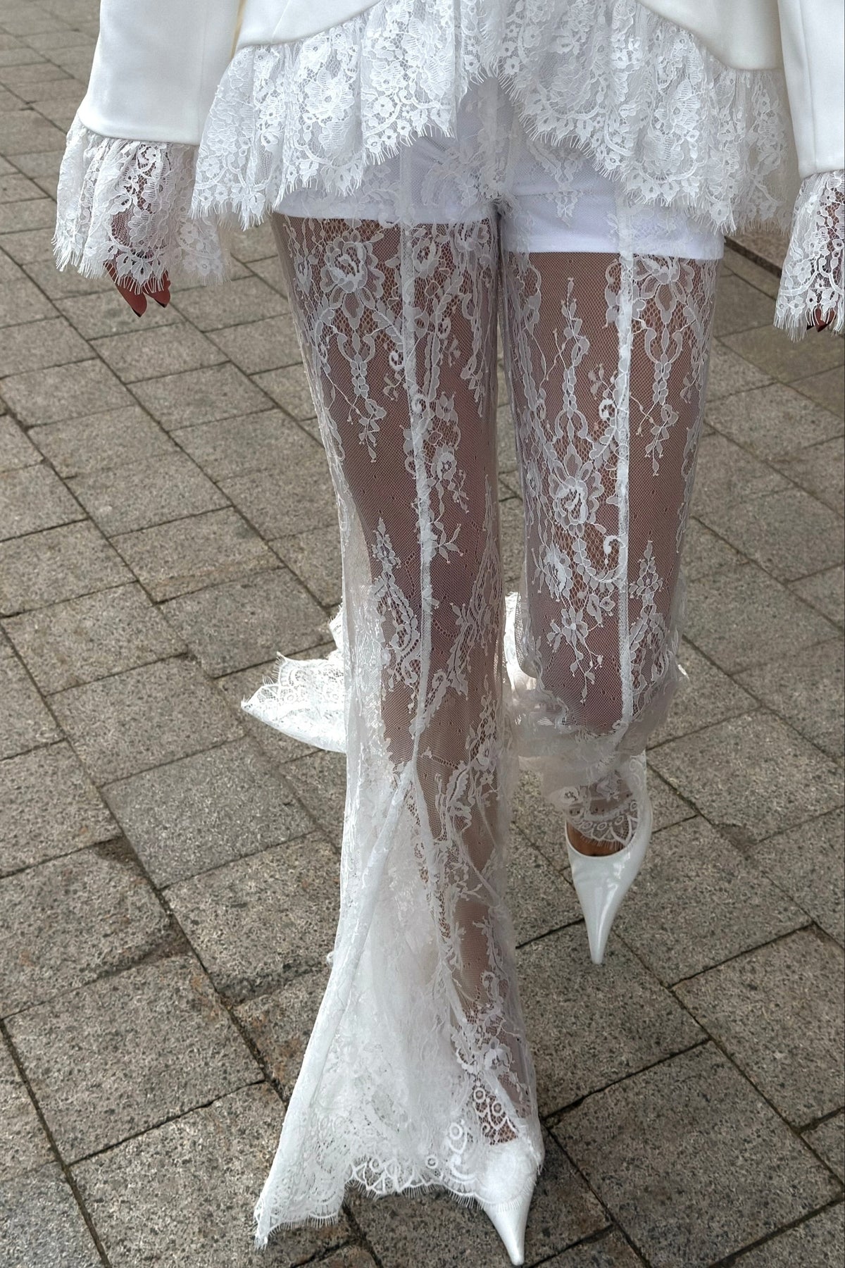 Lace Trim Tailored Blazer and Sheer Flared Pants Set