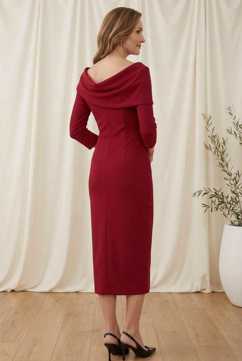 Asymmetric Neck Midi Sheath Dress with 3/4 Sleeves
