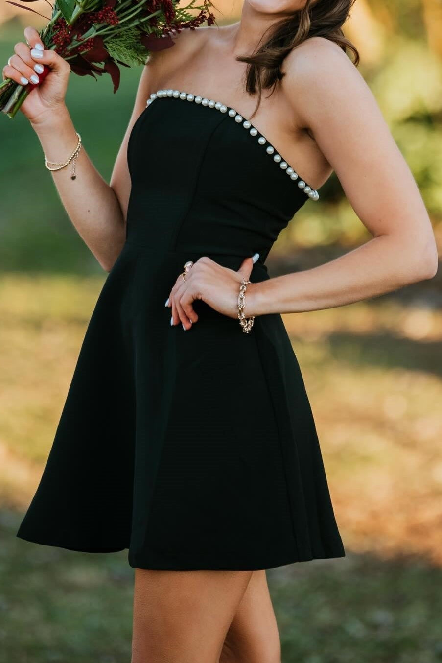 Strapless Pearl Trim Mini Dress with Statement Bow