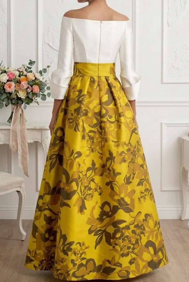 Floral Print Ball Gown with Flared Sleeves