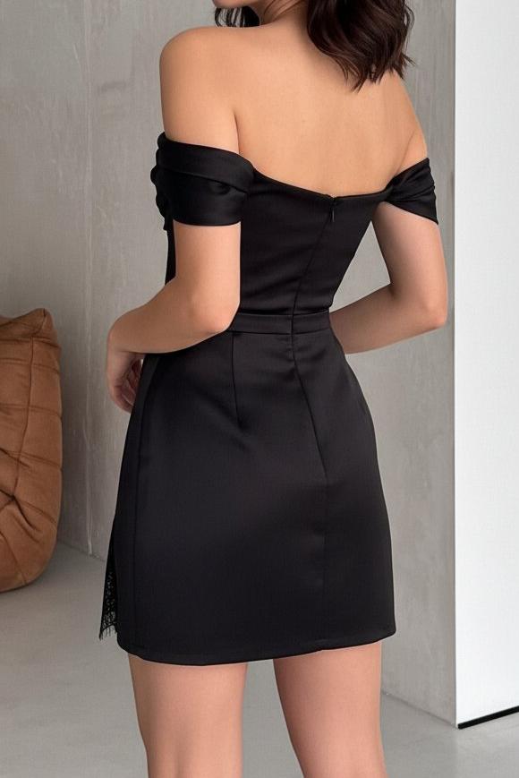Off-the-Shoulder Satin Mini Dress with Lace Slit