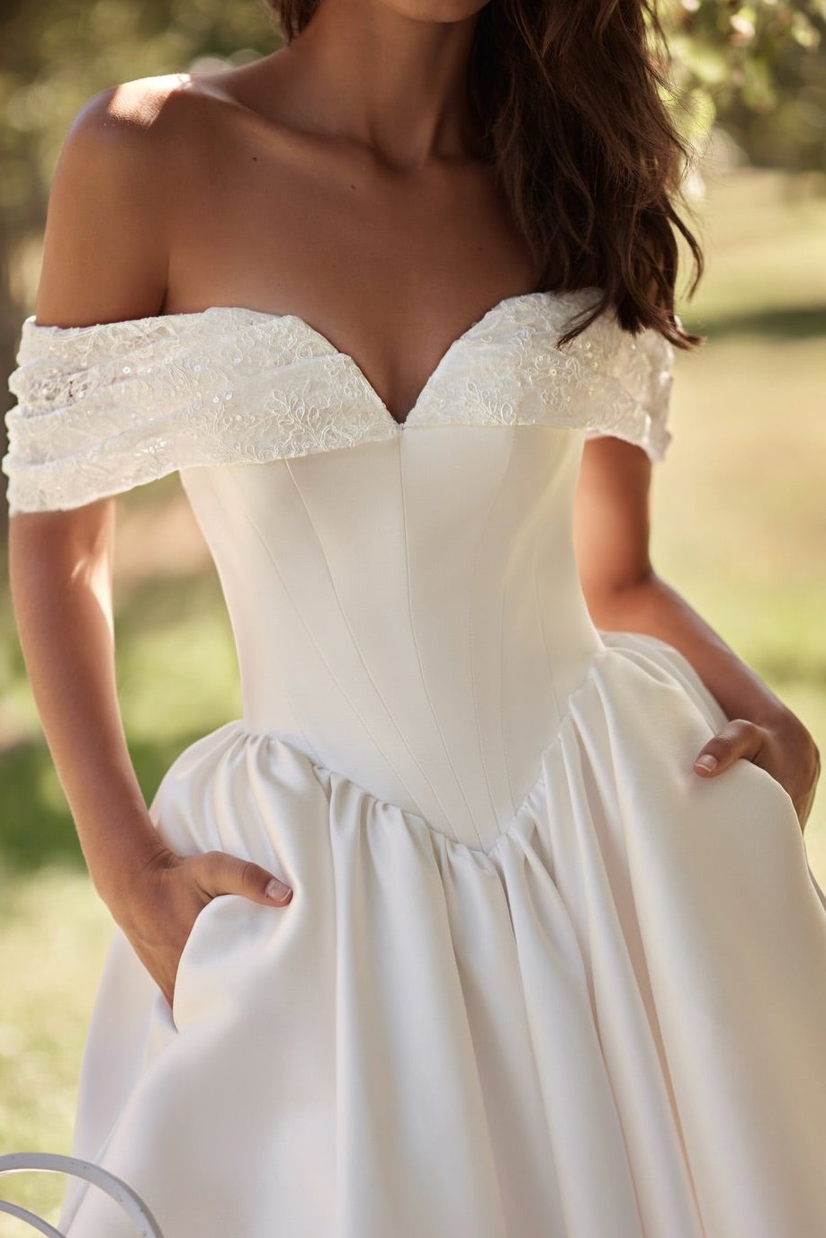 Off-the-Shoulder Basq-Waist Satin Ball Gown