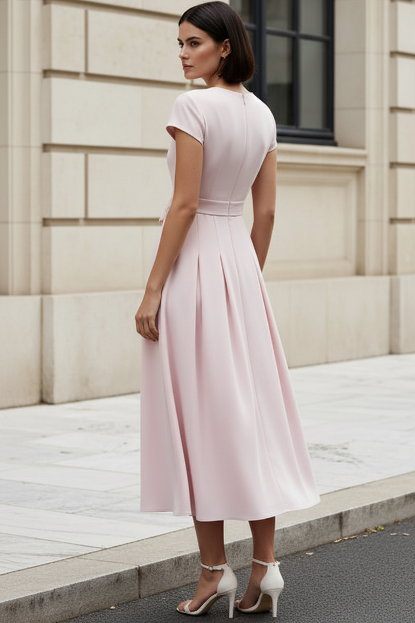 Elegant V-Neck A-Line Midi Dress with Pockets