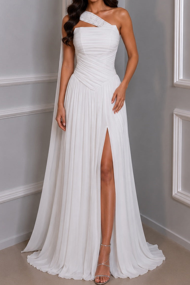 One-Shoulder Pleated Gown with Slit and Cape