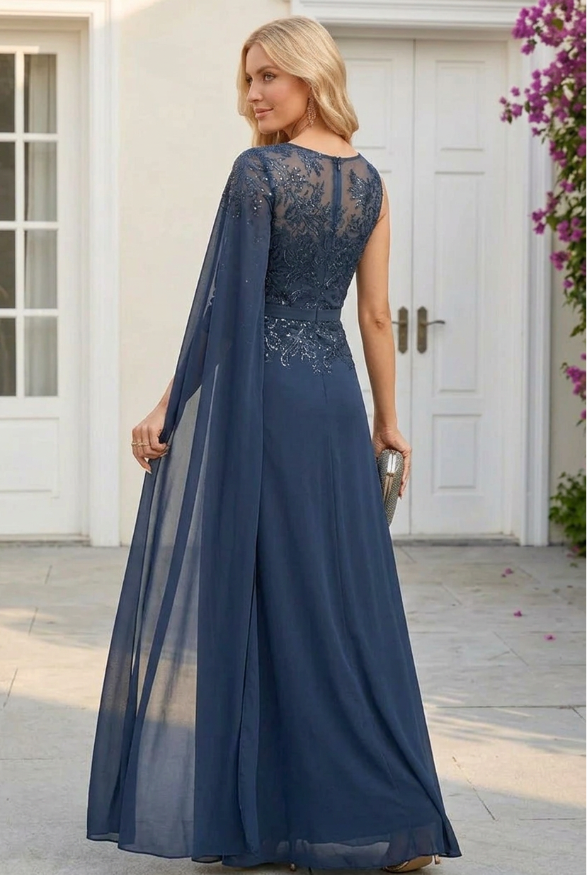 Illusion Embroidered Gown with Cape Sleeve