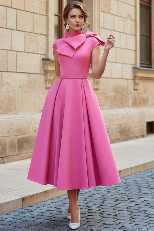 Elegant High Neck A-Line Midi Dress with Bow Detail