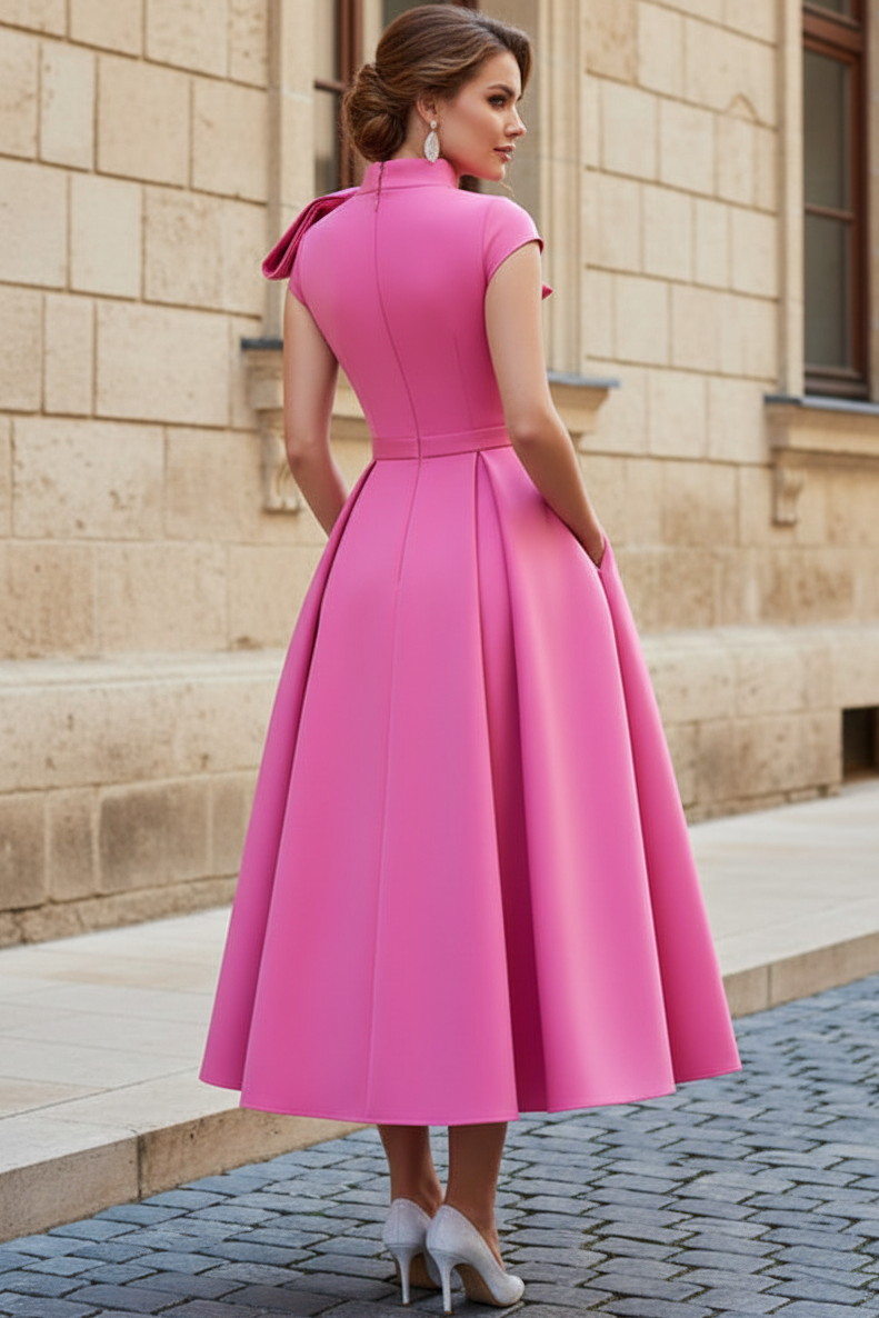 Elegant High Neck A-Line Midi Dress with Bow Detail