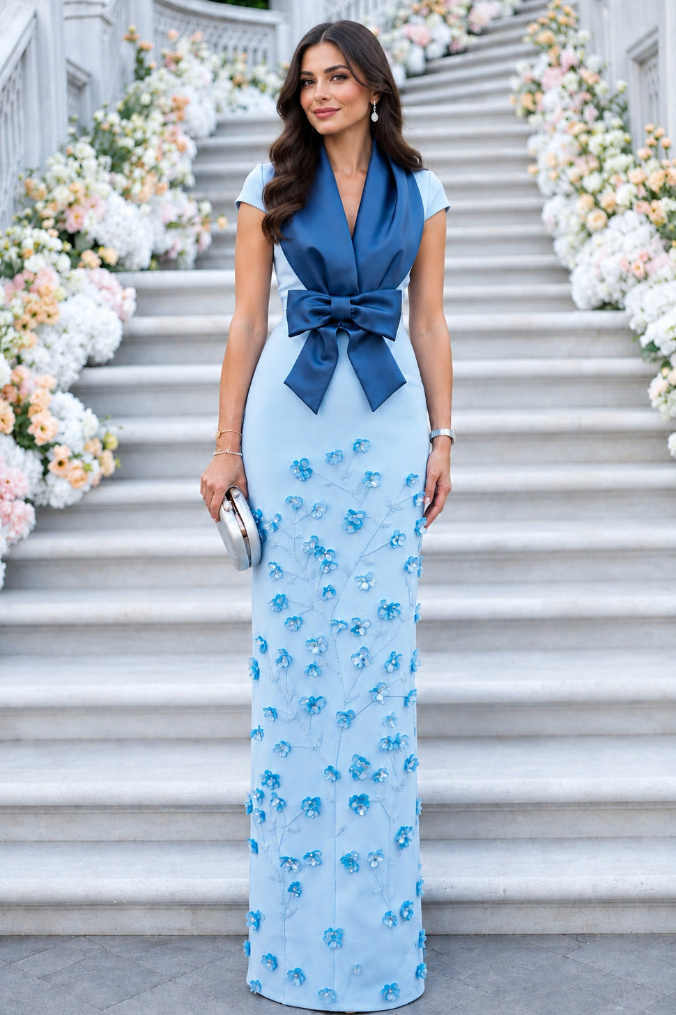 Shawl Collar Column Gown with Bow & 3D Flowers
