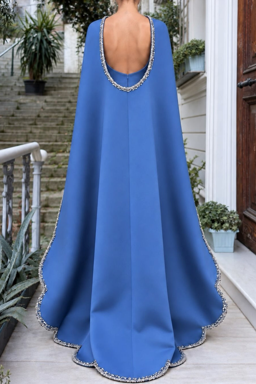 Cape Evening Gown with Beaded Crystal Trim